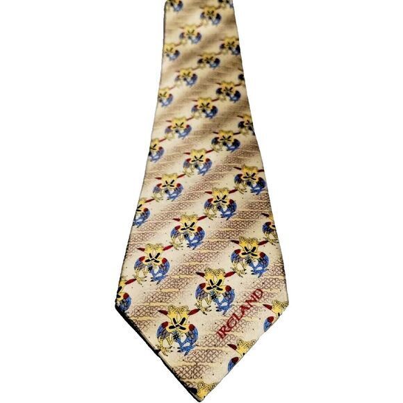 Vintage Ireland Crazy Birds Design Men Ivory/Red & Blue 100% Silk Suit Necktie - Picture 1 of 4